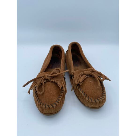 Minnetonka Suede Fringe Moccasins Womens Sz 7.5 Leather Softsole Loafers Slip-On - Picture 2 of 8
